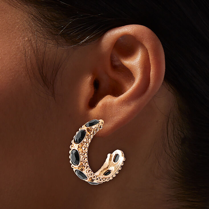 Gold-tone 30mm Chunky Oval Black Rhinestone Hoop Earrings,