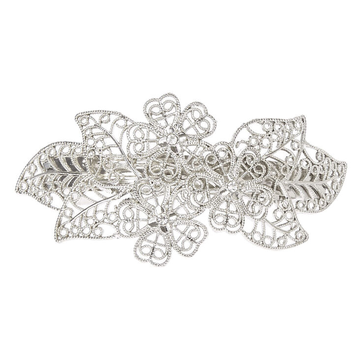 Silver Filigree Leaf Hair Barrette,