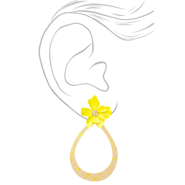 Gold 2&quot; Teardrop Flower Drop Earrings - Yellow,