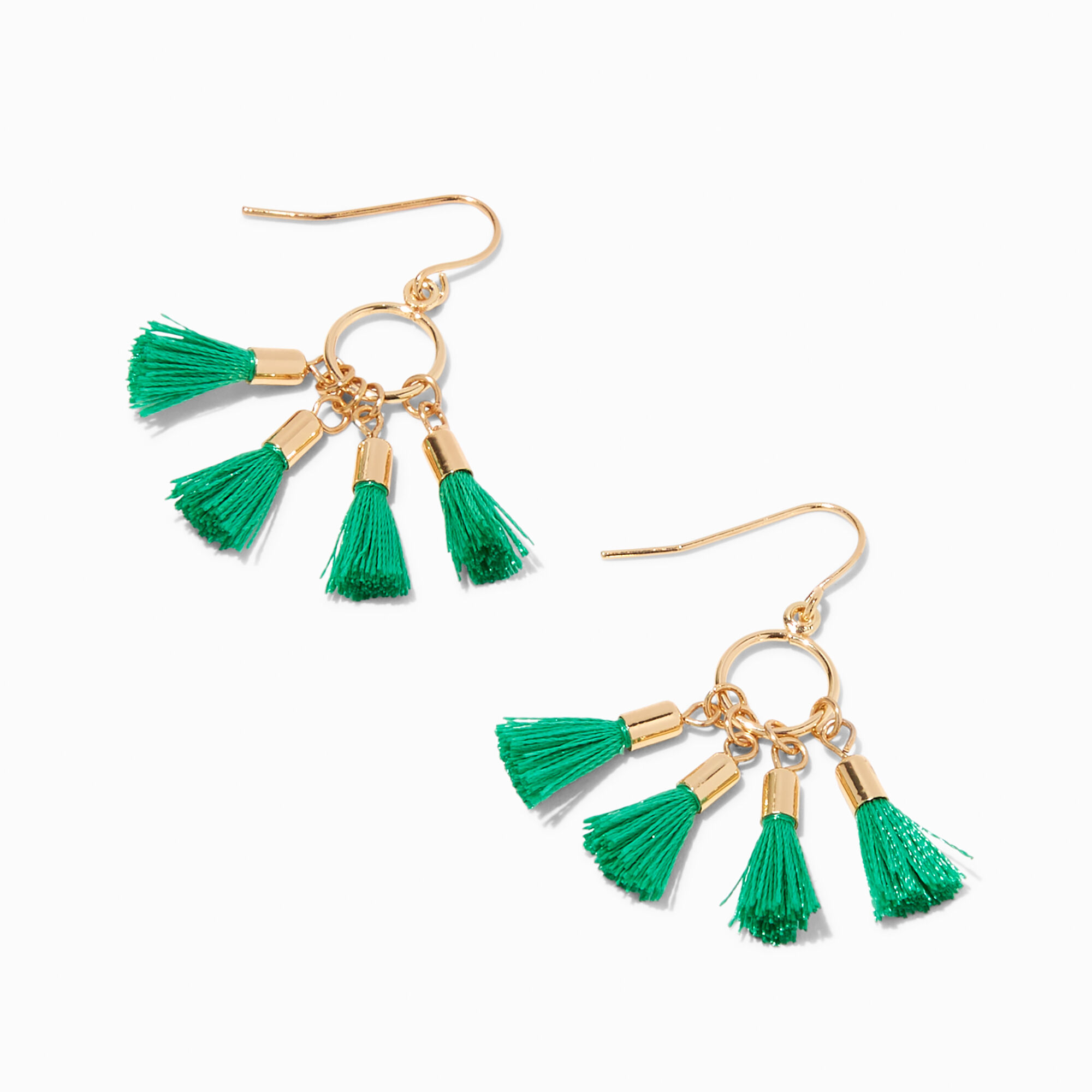 View Claires Bright Four Tassel Drop Earrings Green information