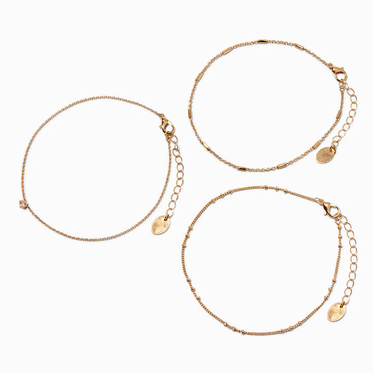 Gold-tone Dainty Rhinestone Mixed Chain Anklets - 3 Pack