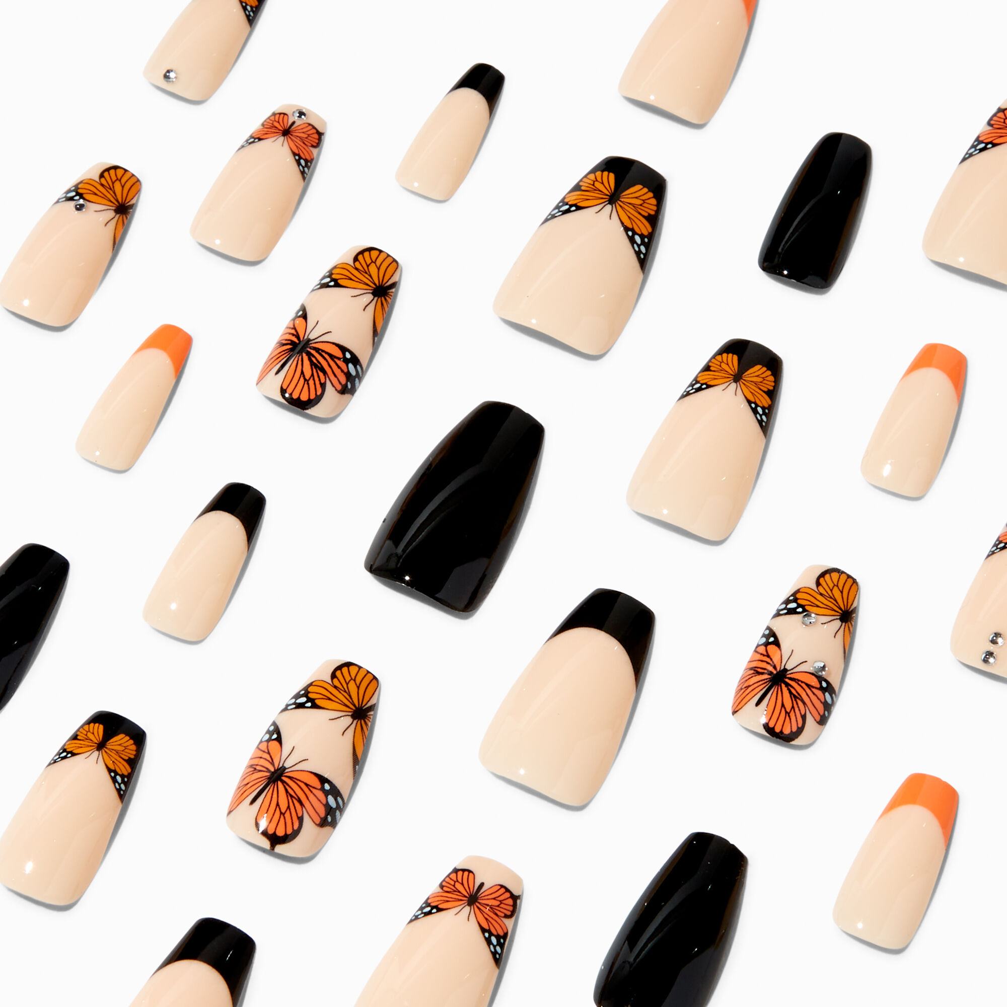 View Claires Monarch Butterfly Squareletto Vegan Faux Nail Set 24 Pack Orange information