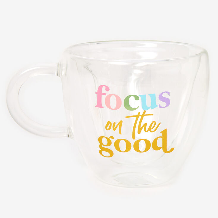 Mug en verre en forme de c&oelig;ur &laquo;&nbsp;Focus On The Good&nbsp;&raquo;,