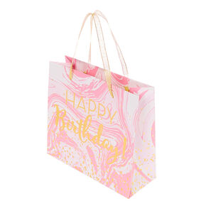 Sac cadeau effet marbr&eacute; Joyeux Anniversaire taille moyenne - Rose,