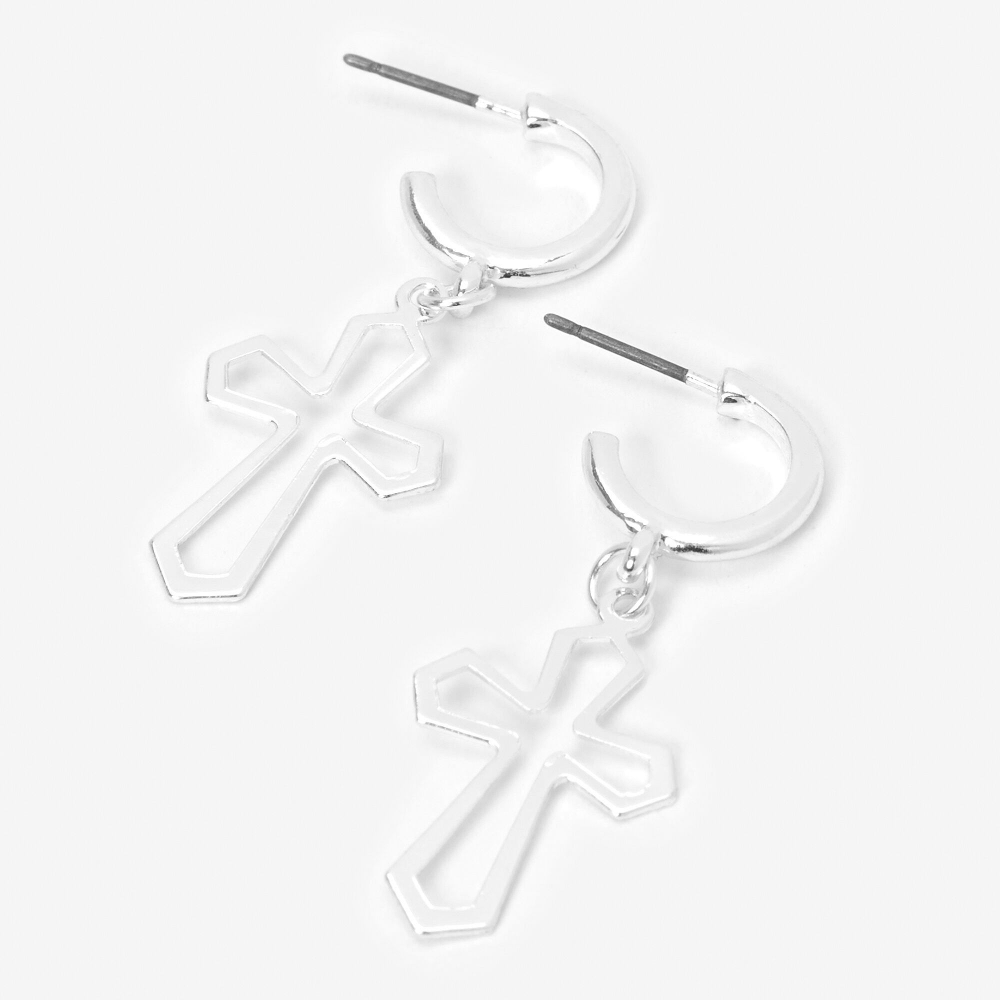 Silver Cutout Cross 1" Hoop Drop Earrings,