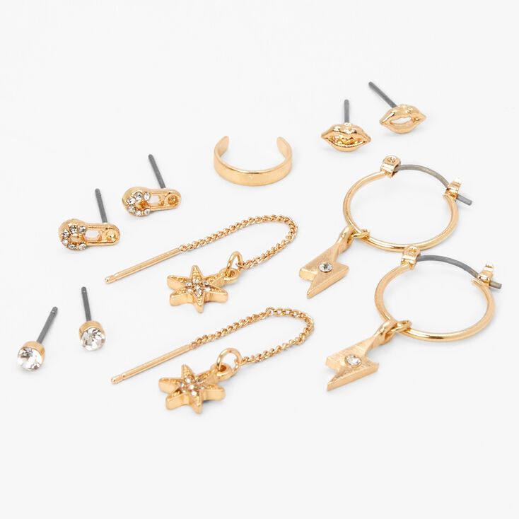 Gold Edgy Embellished Ear Cuff &amp; Mixed Earrings - 6 Pack,