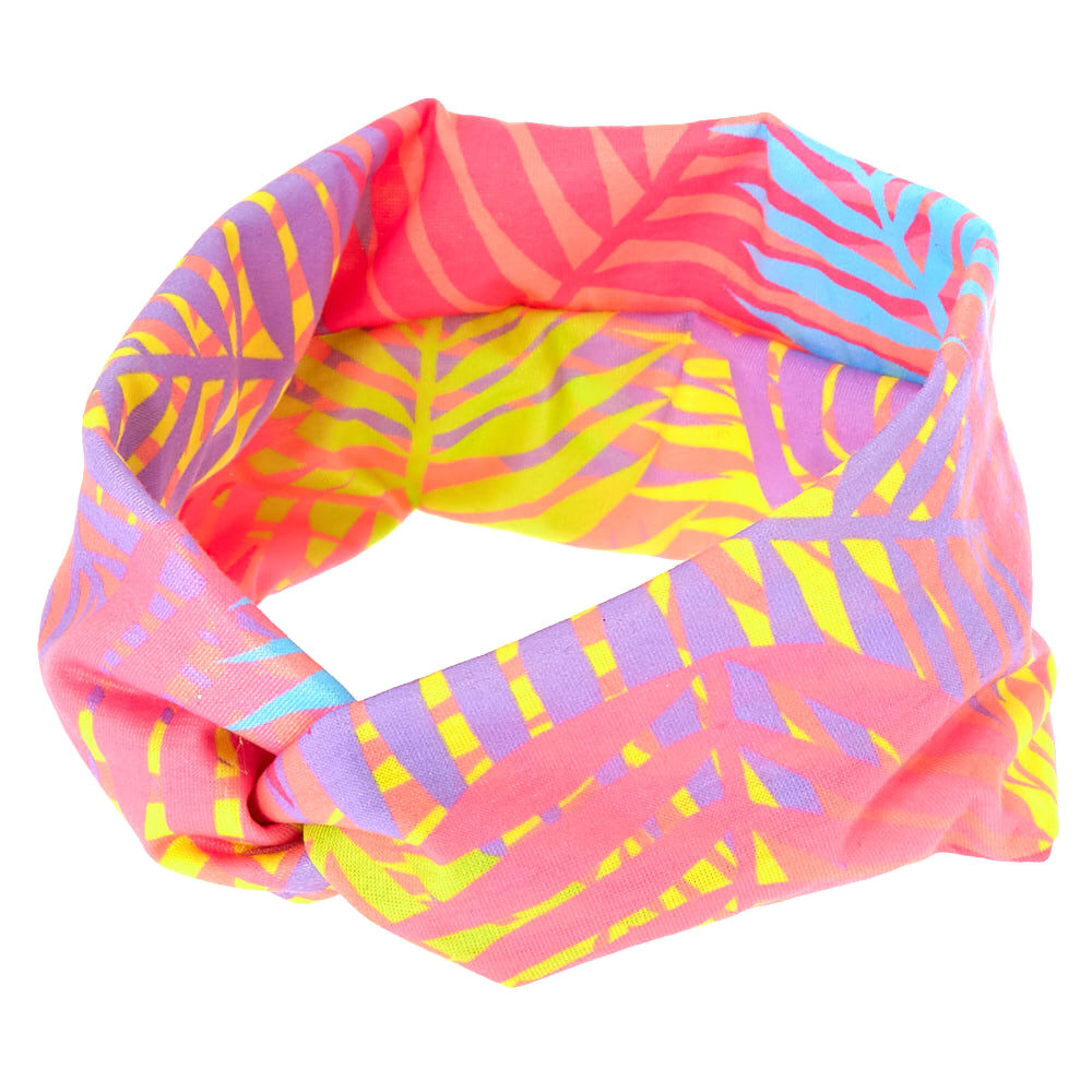 Neon Palm Leaves Twisted Headwrap - Pink,