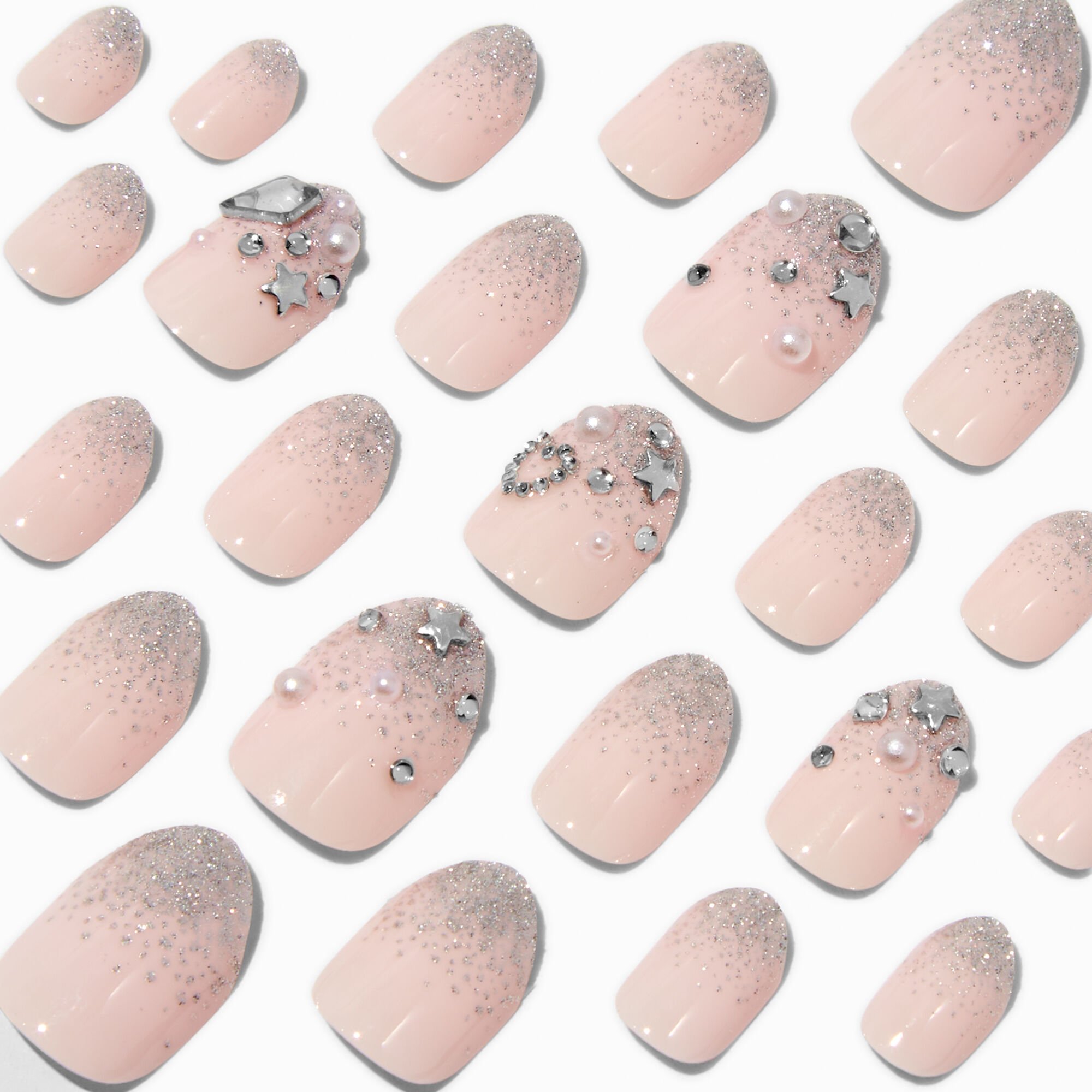 Faux ongles vegan autocollants stiletto bling-bling étoile couleur argentée - Lot de 24,