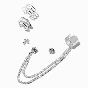 Boucles d&rsquo;oreilles superposables reli&eacute;es par une cha&icirc;ne &agrave; une manchette d&rsquo;oreille croix couleur argent&eacute;e,