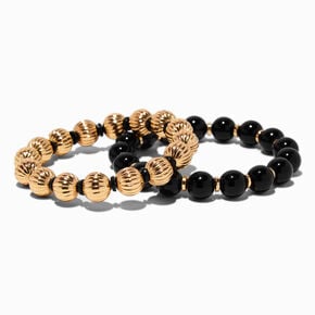 Black &amp; Textured Gold-tone Beaded Stretch Bracelet,