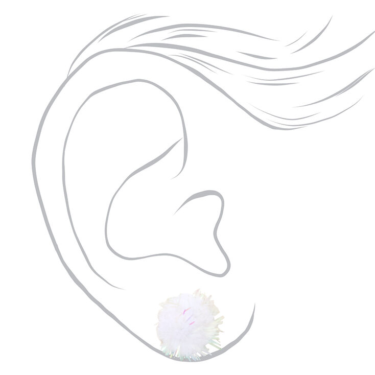 Silver Tinsel Pom Pom Stud Earrings - White,