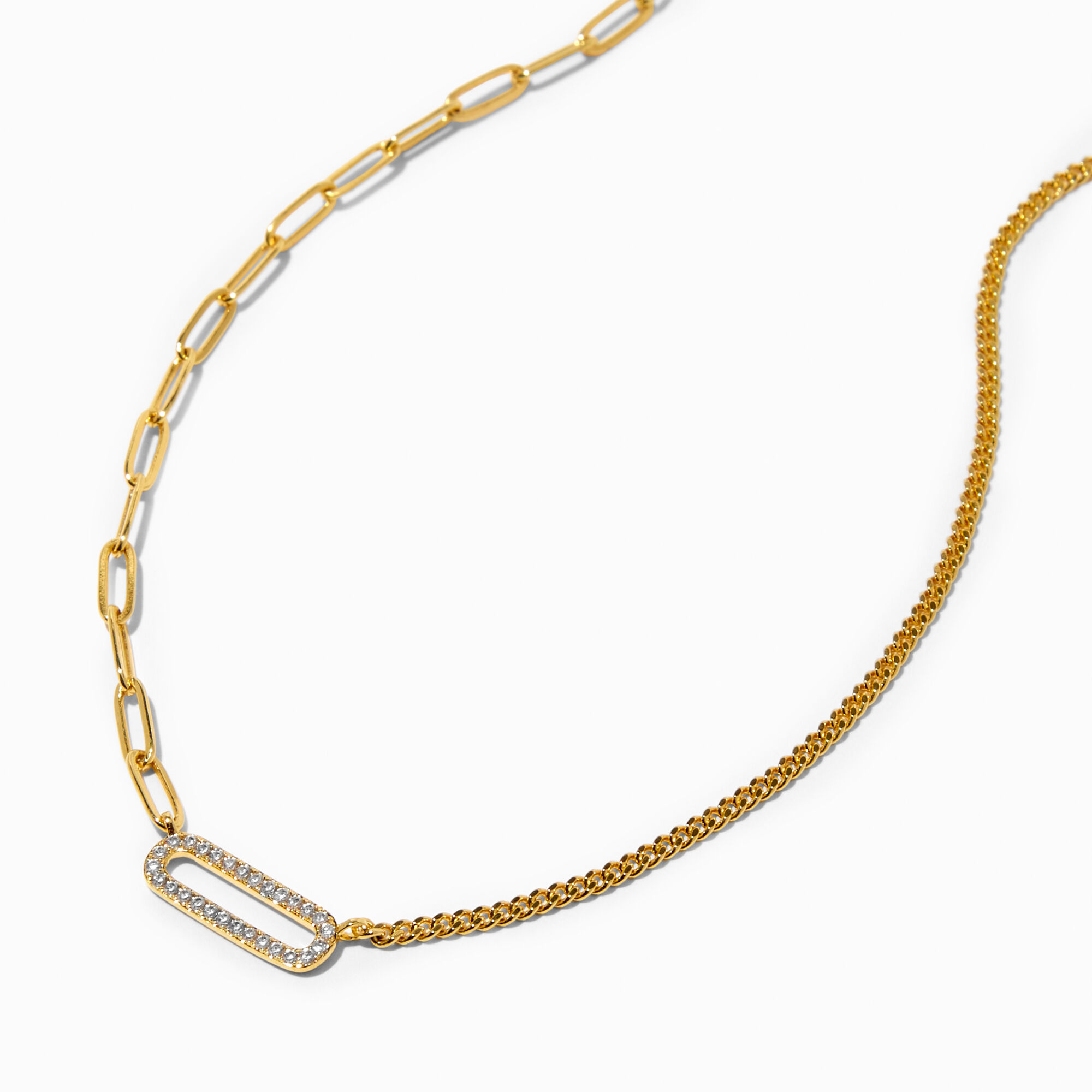 View C Luxe By Claires 18K Gold Plated Pavé Cubic Zirconia Paperclip Woven Chain Necklace Yellow information