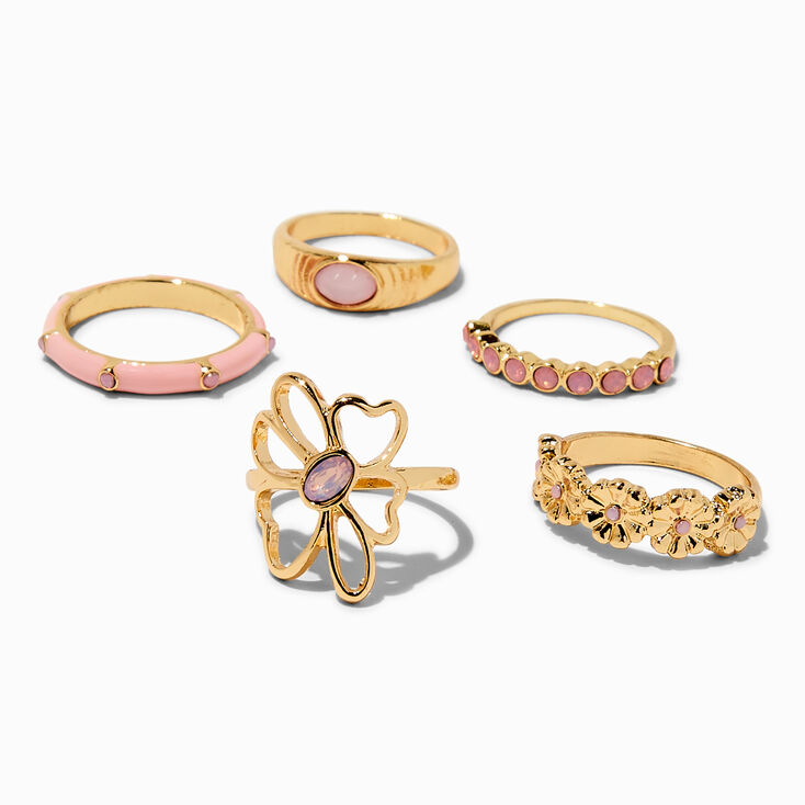 Blush Pink Flower Gold-tone Rings - 5 Pack,