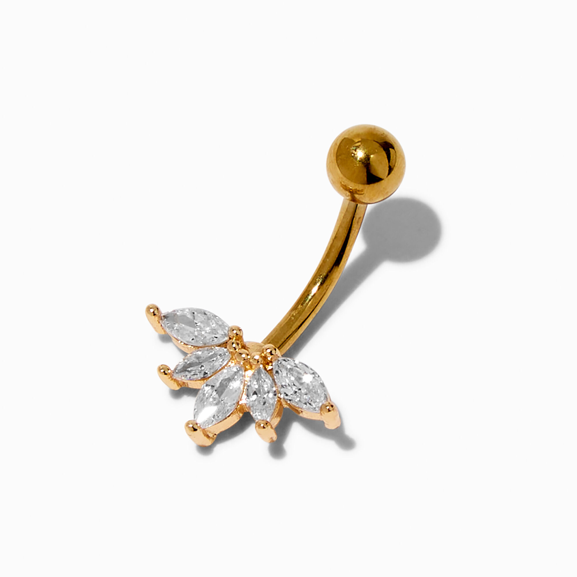 View Claires Tone Cubic Zirconia Upside Down Crown 14G Belly Bar Gold information