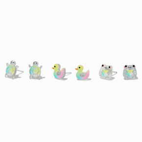 Iridescent Glitter Turtle, Frog, &amp; Duck Stud Earrings - 3 Pack,