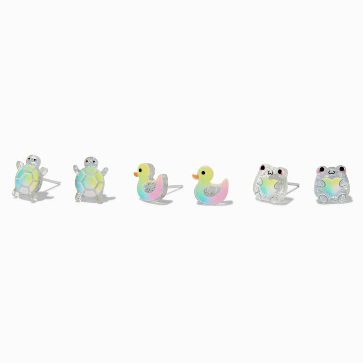 Iridescent Glitter Turtle, Frog, &amp; Duck Stud Earrings - 3 Pack,