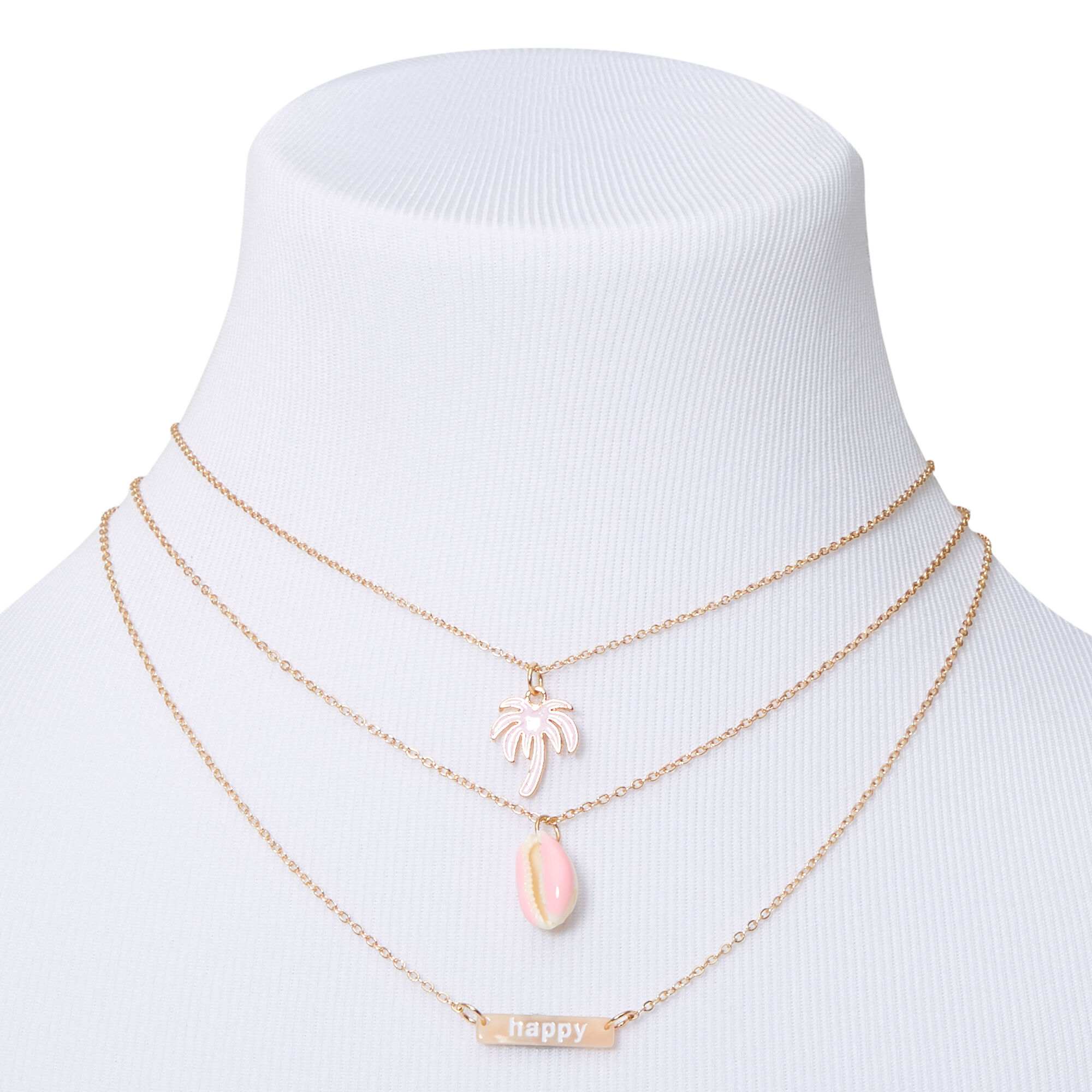 Sky Brown™ Gold Palm Tree Multi Strand Choker Necklace – Pink, 3 Pack,