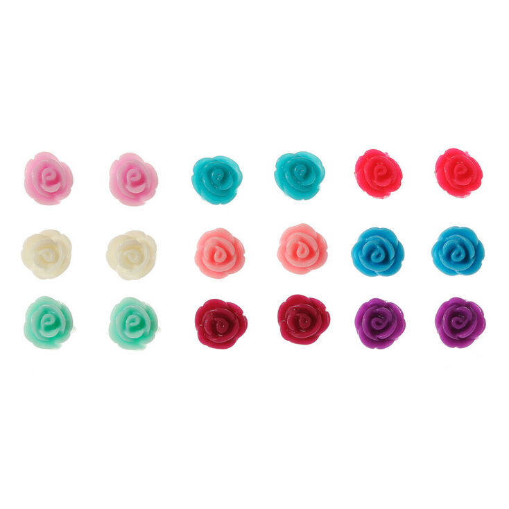 Cool Tone Carved Rose Stud Earrings - 9 Pack,