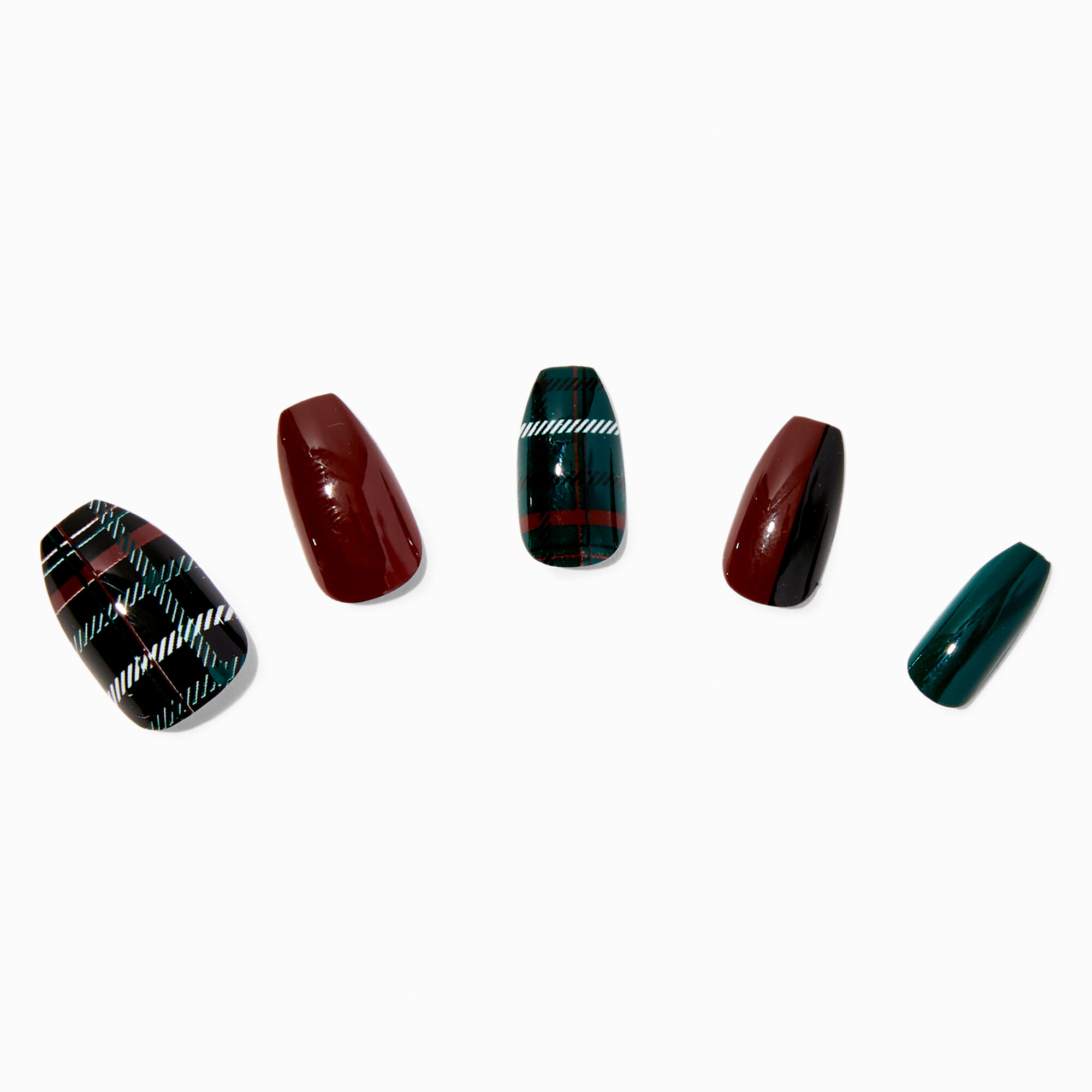 Burgundy & Green Plaid Coffin Vegan Faux Nail Set - 24 Pack,
