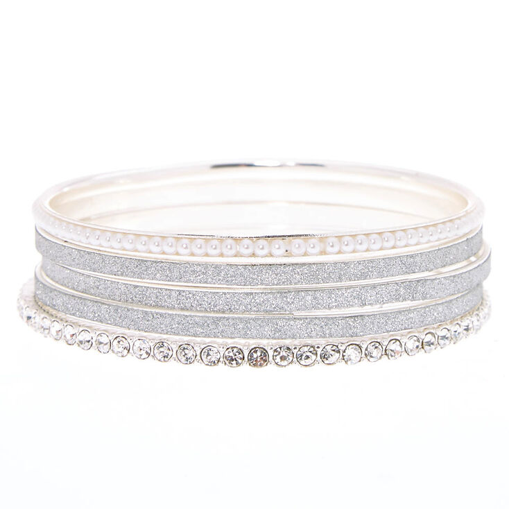 Claire's Lot de bracelets fins bangle variés à perle d'imitation et paillettes couleur argentés