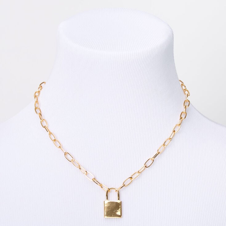 Gold-tone Lock Pendant Chain Necklace,