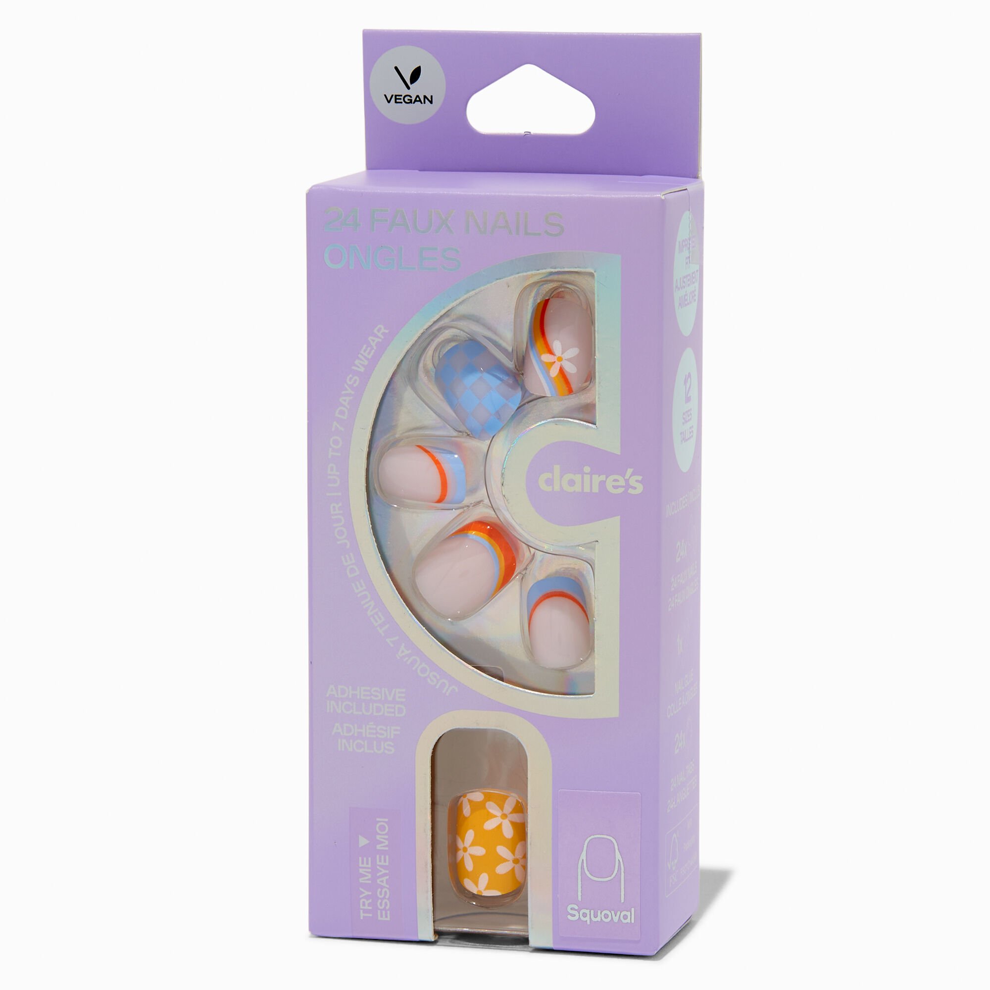 Multi Daisy Check Squoval Vegan Faux Nail Set - 24 Pack,