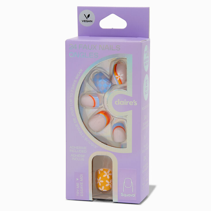 Multi Daisy Check Squoval Vegan Faux Nail Set - 24 Pack,