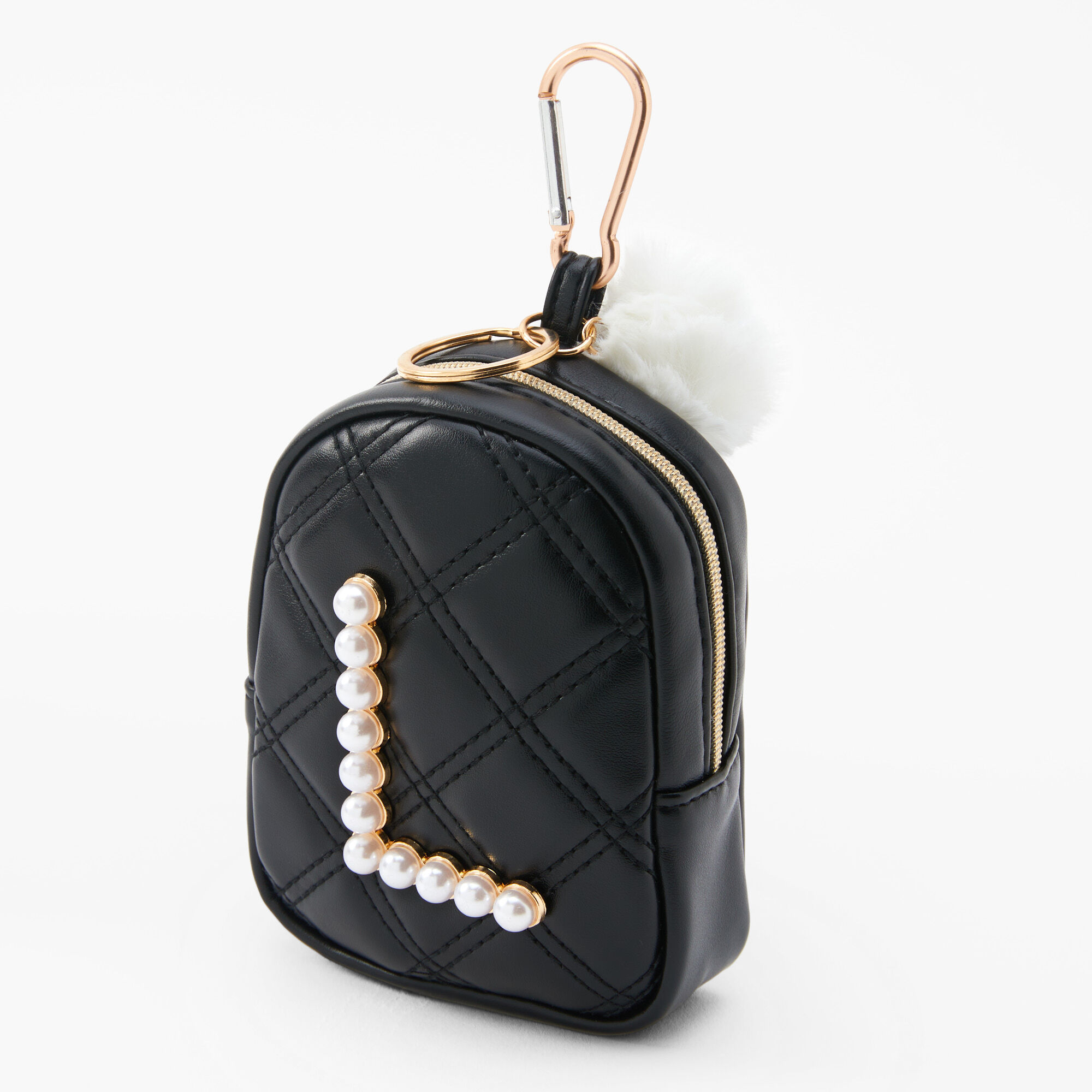Claire's Porte-clés mini sac à dos perles d'imitation à initiale - Noir, L