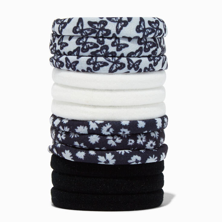 Black &amp; White Floral Rolled Hair Ties - 12 Pack,