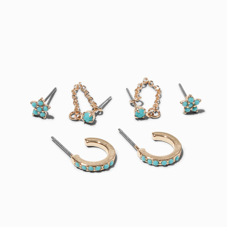 Gold-tone Turquoise Stars Earring Stackables Set - 3 Pack,