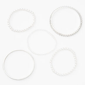 Claire&#39;s Club Silver, Pearl Bangle &amp; Stretch Bracelets - 5 Pack,