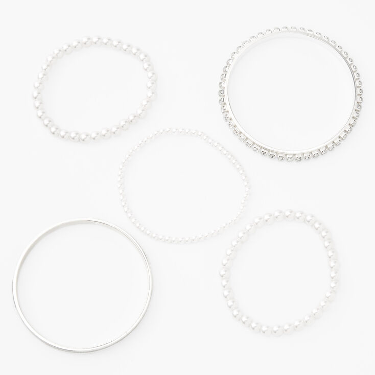 Claire&#39;s Club Silver, Pearl Bangle &amp; Stretch Bracelets - 5 Pack,