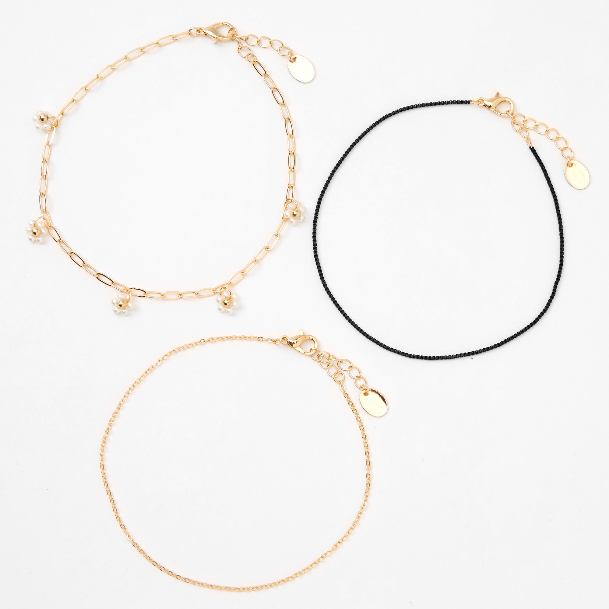 Gold Daisy Cord Chain Anklets Black 3 Pack Claire s US