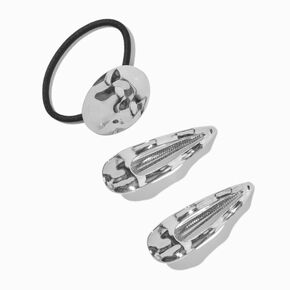 Silver Hammered Snap Hair Clips &amp; Hair Tie - 3 Pack ,