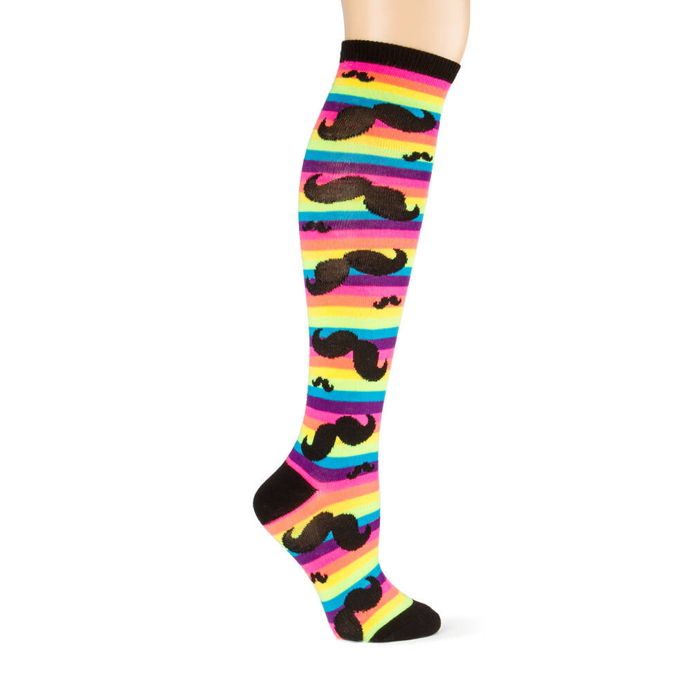 Rainbow Striped Knee Socks with Moustaches,