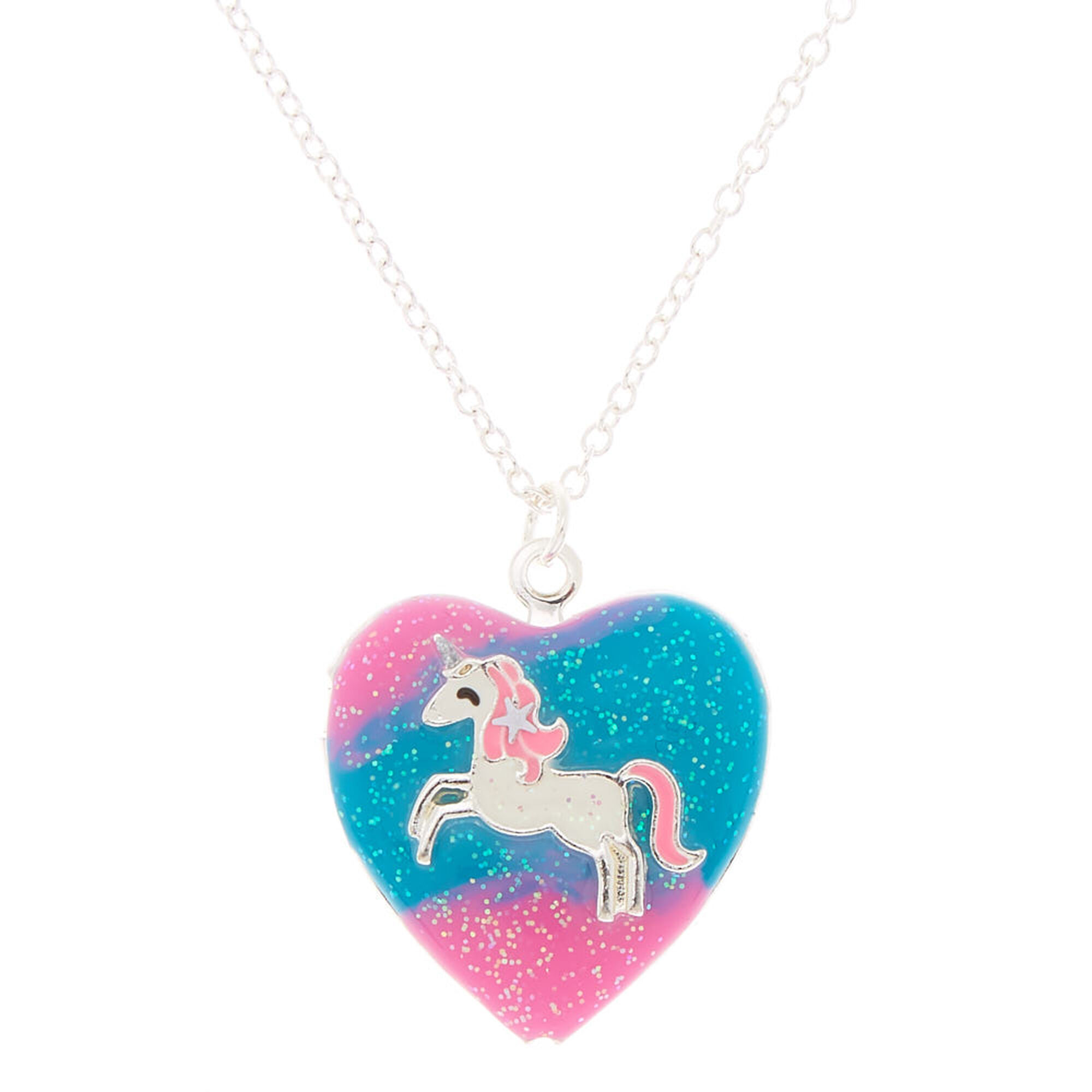 View Claires Pastel Unicorn Heart Locket Pendant Necklace Silver information