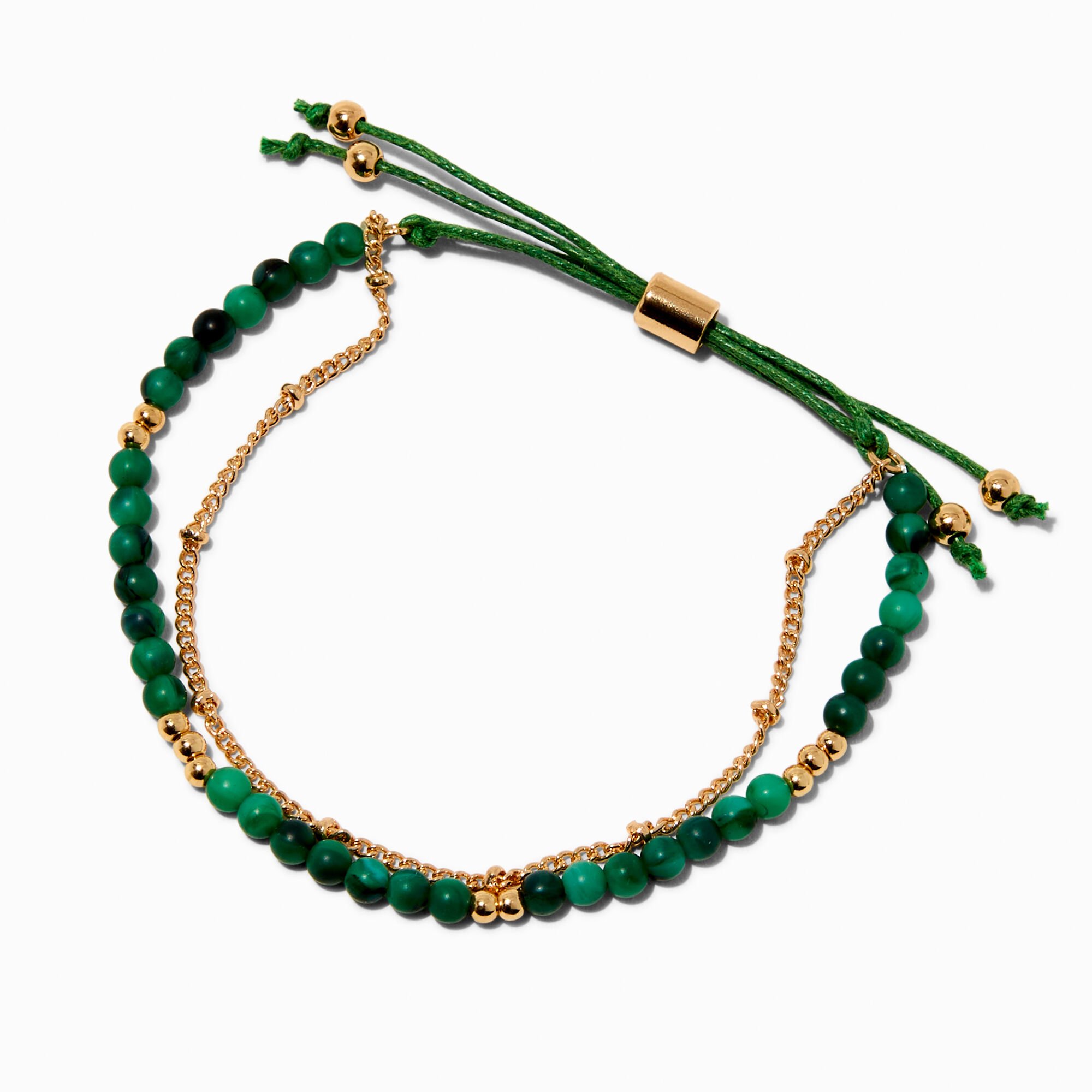 Green Beaded Gold-tone Chain Adjustable Bracelet,