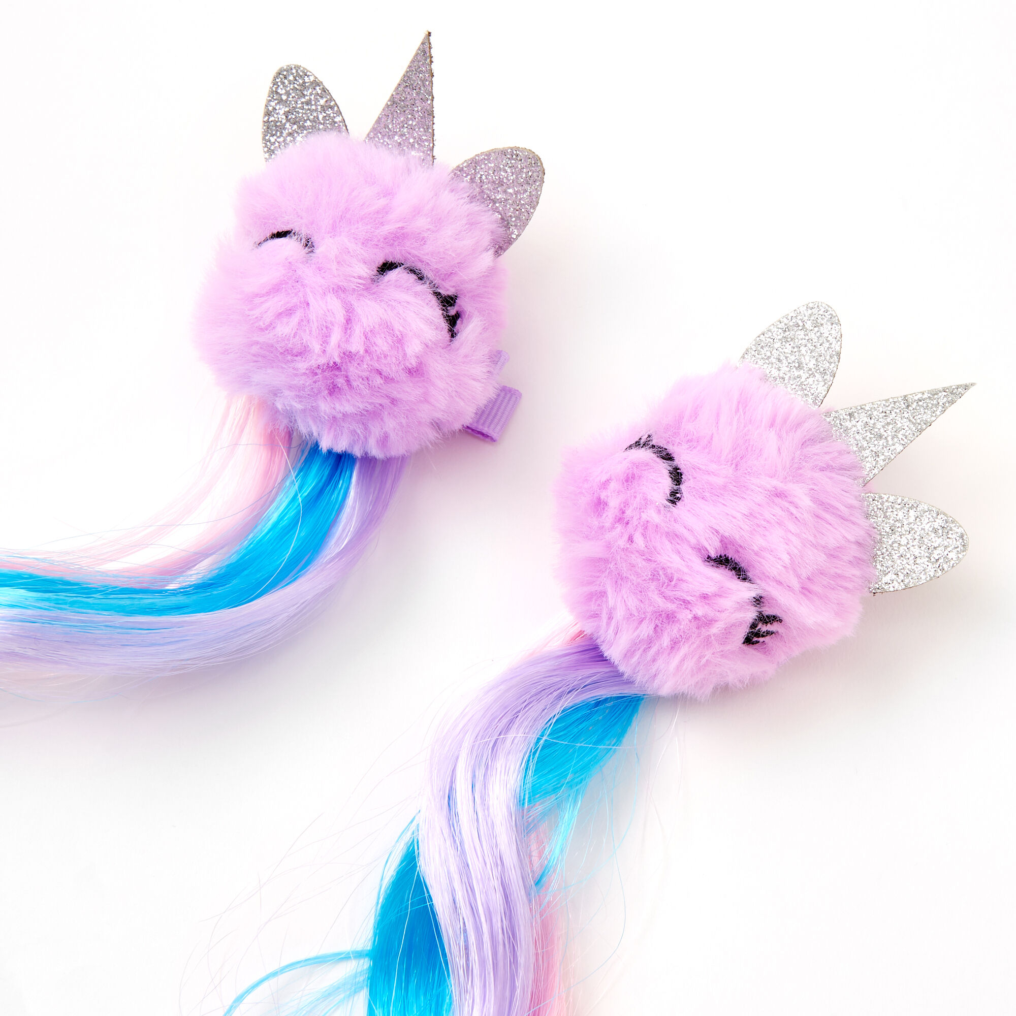 Claire's Club Unicorn Pom Faux Hair Clip In Extensions - 2 Pack,
