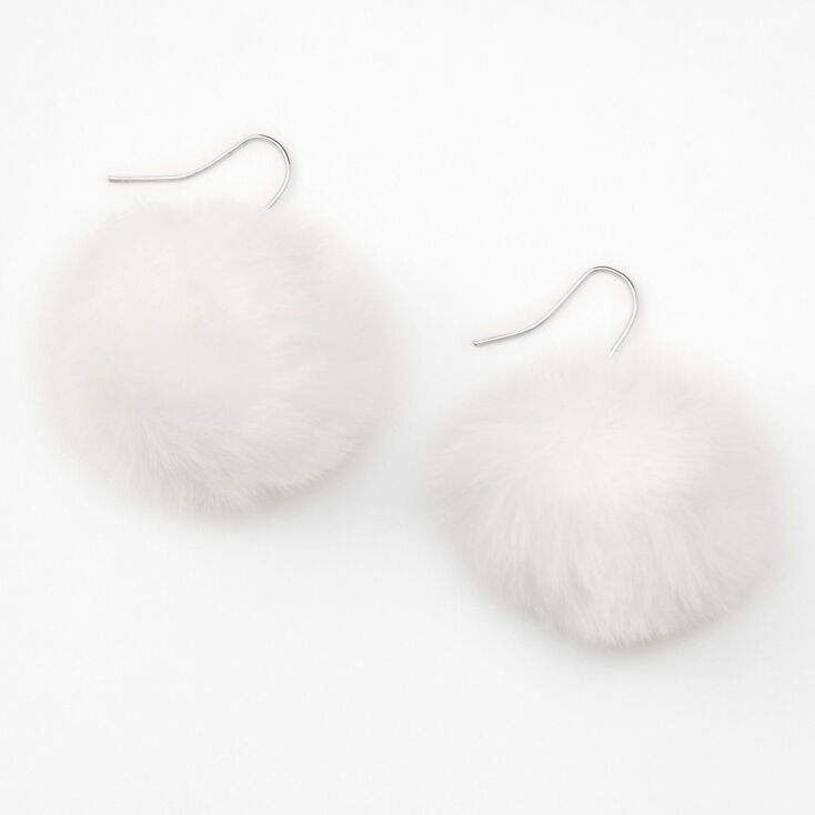 White 2&quot; Pom Pom Drop Earrings,