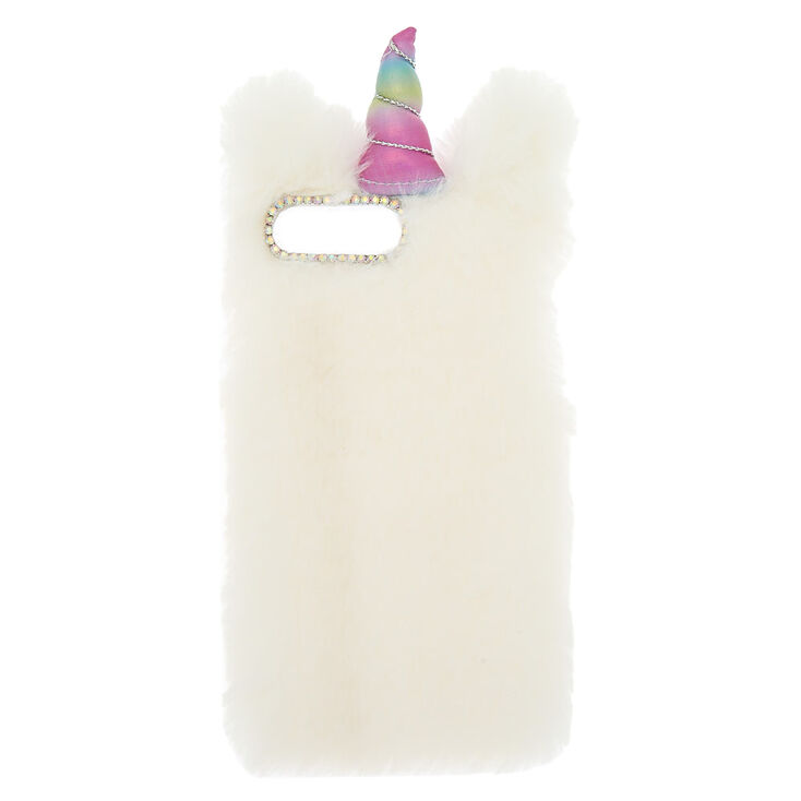 Coque de portable motif licorne en fausse fourrure blanche,