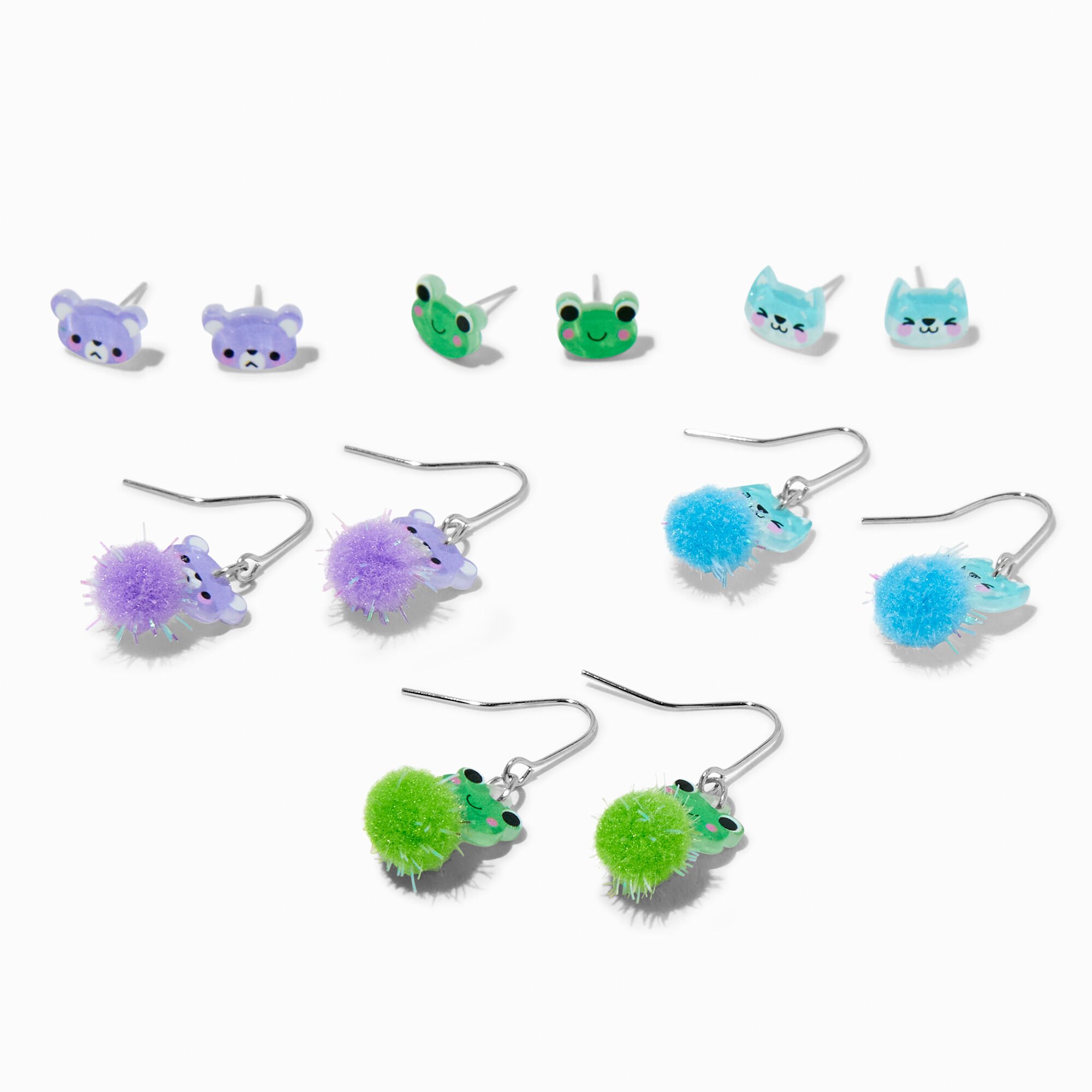 View Claires Pom Critters Mixed Stud Drop Earrings 6 Pack Green information