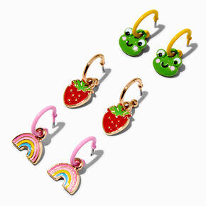 Rainbow, Strawberry, &amp; Frog Enameled Hoop Earrings - 3 Pack,