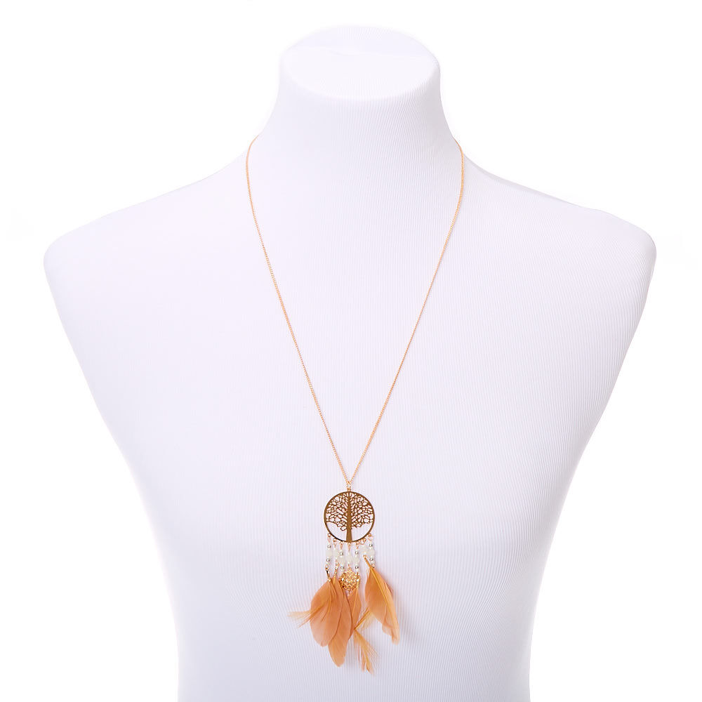 Gold Tree Of Life Dreamcatcher Long Pendant Necklace,