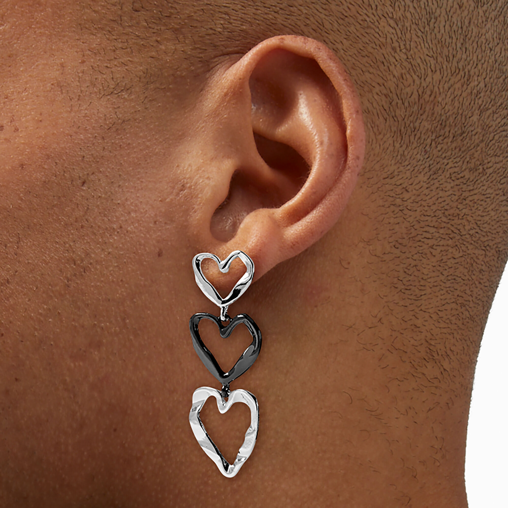 Silver-tone & Hematite Triple Heart 2" Drop Earrings