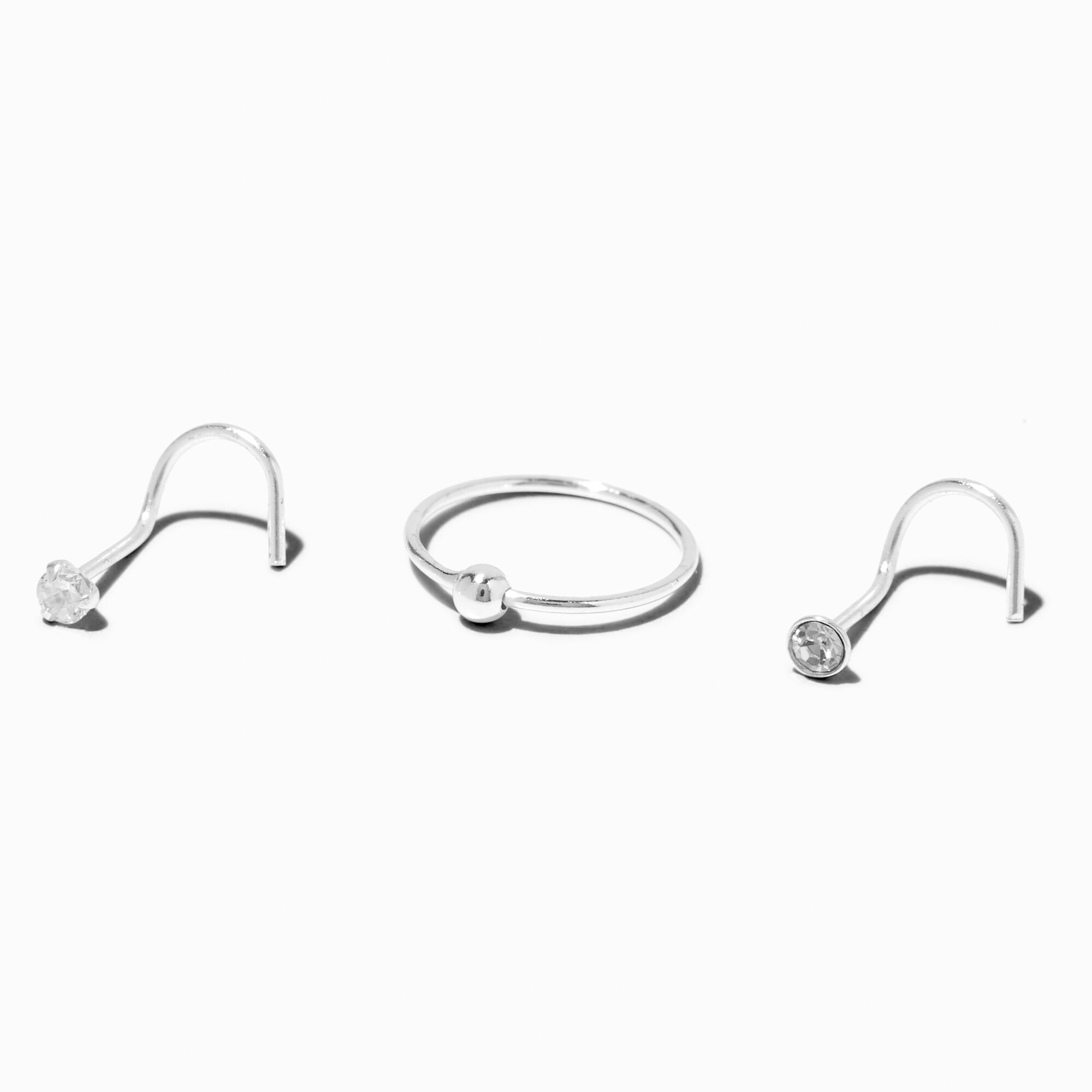 View Claires 22G Ball Crystal Nose Rings 3 Pack Silver information