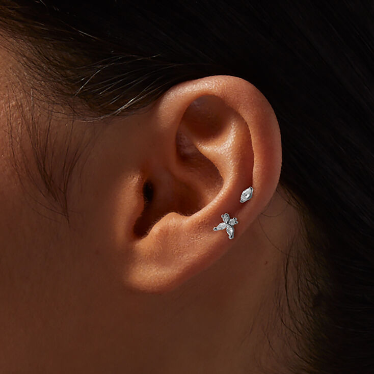 Silver-tone Cubic Zirconia Bow &amp; Stud 18G Stud Threadless Cartilage Earrings - 2 Pack,