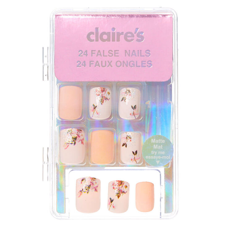Claire's Lot de faux ongles carrés floraux délicats - Rose, lot de 24