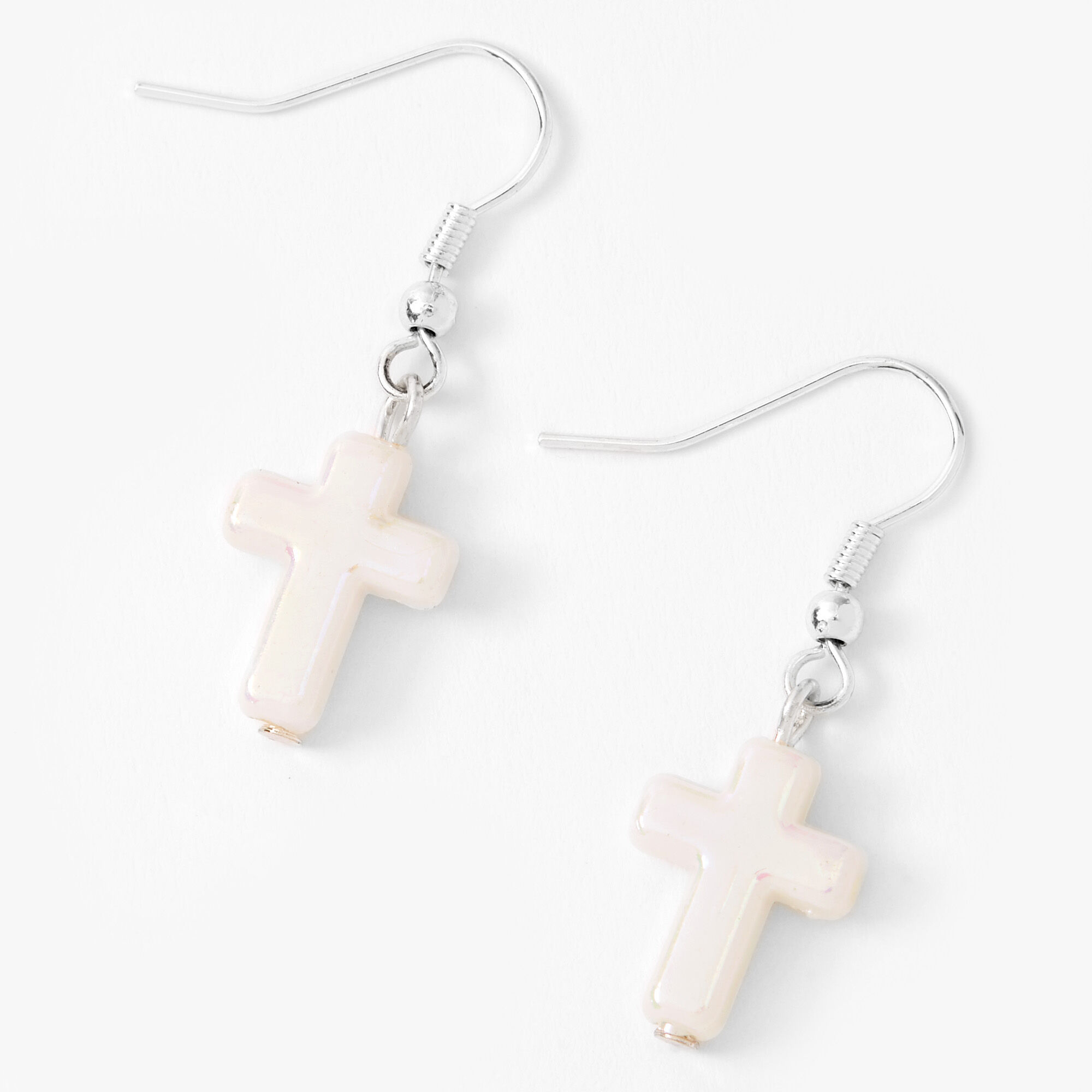 Silver 1" Cross Drop Earrings - White,