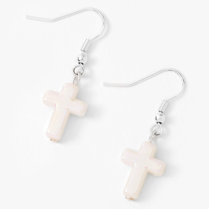 Silver 1&quot; Cross Drop Earrings - White,