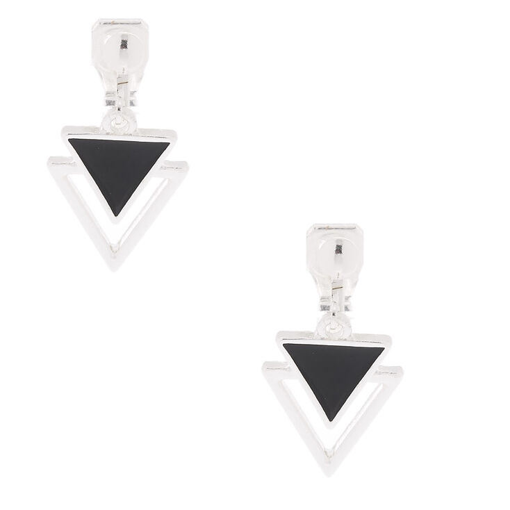 Silver-tone 1&quot; Double Triangle Clip-On Drop Earrings,